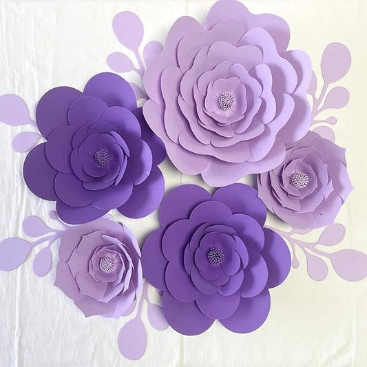 3D Party Paper Flower Decoration Artificial Paper Flower Decorations with Leaves Wall Flower Decor (Lt-Purple Purple Set) Wedding Bridal Shower Nursery Baby Shower Flower Backdrop Decor