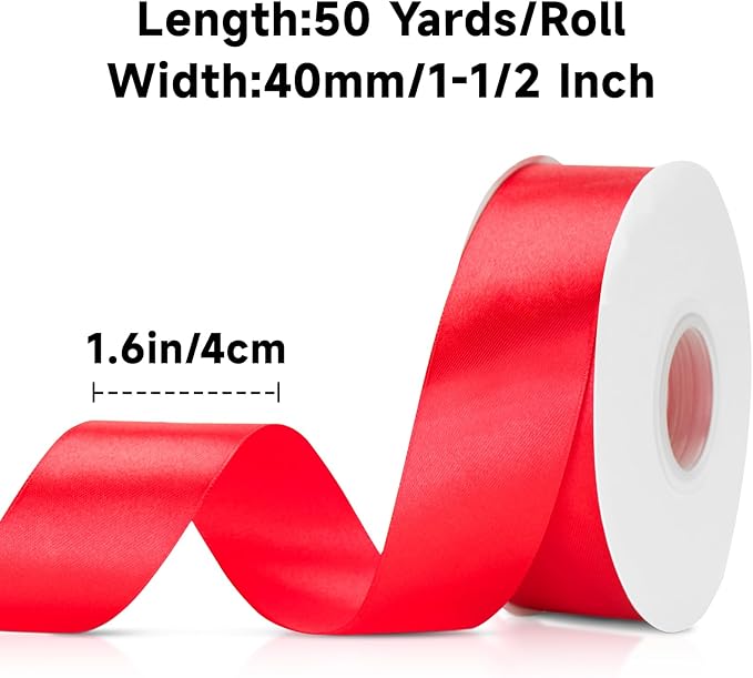 KINGLAKE Red Satin Ribbon 1 1/2 inch x 50 Yards - Polyester Silk Hair Ribbons, Fabric Red Ribbon for Gift Wrapping, Crafts Bows, Floral Bouquets, Wedding Christmas Valentines Day