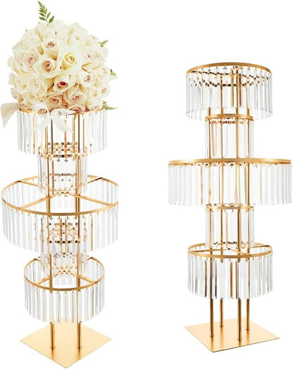 Wedding Gold Vases Centerpieces Crystal Flower Stand with Hanging Crystals, 5 Tier Round Chandelier Pedestal Stand,Crystal Wedding Flowers Stand,Perfect for T-Stage Wedding Party Hotel Decor
