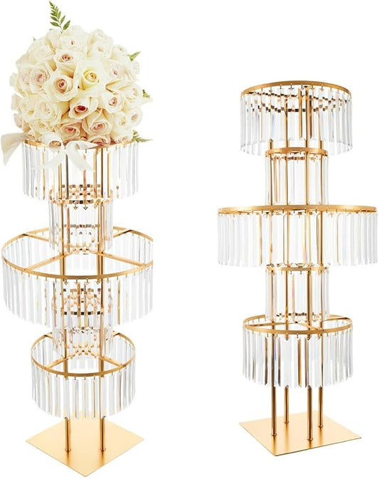 Wedding Gold Vases Centerpieces Crystal Flower Stand with Hanging Crystals, 5 Tier Round Chandelier Pedestal Stand,Crystal Wedding Flowers Stand,Perfect for T-Stage Wedding Party Hotel Decor