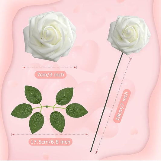 100 Pieces Artificial Foam Rose Flowers Faux Bouquet with Leaves and Stems for DIY Wedding Bouquets Centerpieces Bridal Shower Party Valentine Home Decorations(Ivory)