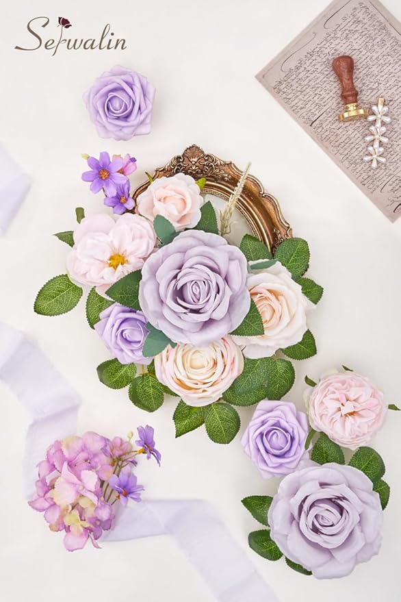 Serwalin 2Pcs Artificial Flowers Fake Silk Flowers Combo Realistic Mixed Roses Box for DIY Wedding Bridal Bouquets Centerpieces Arrangements Faux Flowers with Stems Home Decor, Pink&Lilac