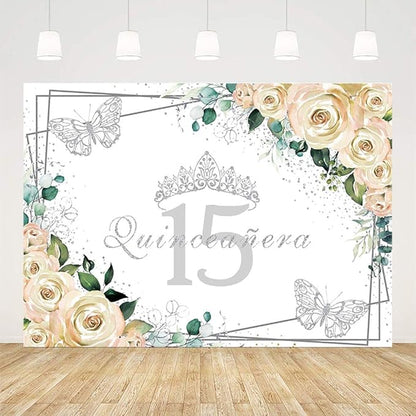 Sendy 7x5ft Quinceañera Backdrop Mis Quince 15 Anos Birthday Party Decorations Supplies for Girl Princess White Floral Silver Crown Butterfly Photography Background Banner Photo Booth Studio Props