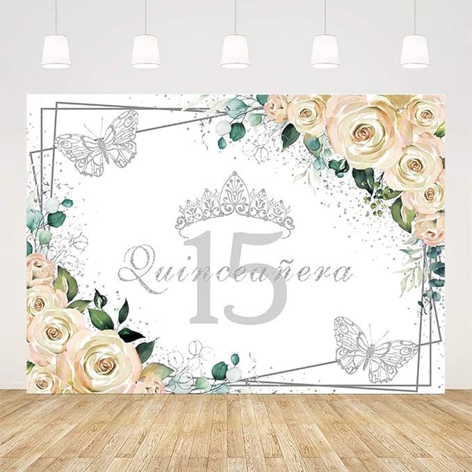 SENDY 10x7ft Quinceañera Backdrop Mis Quince 15 Anos Birthday Party Decorations Supplies for Girl Princess White Floral Silver Crown Butterfly Photography Background Banner Photo Booth Studio Props