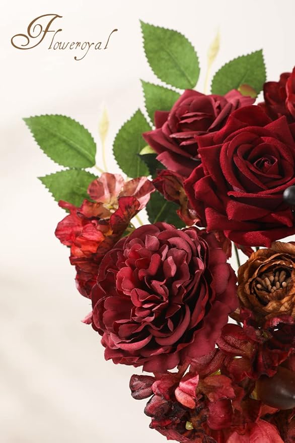 Floweroyal Artificial Flowers Combo Burgundy Flowers Mix Silk Flowers Dahlia Roses with Stems for DIY Wedding Bridal Bouquets, Baby Shower, Floral Arrangement, Table Centerpieces, Home Decorations.