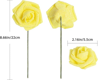 Yellow Glitter Roses 30 PCS Foam Flowers Glitter Roses with Stem Artificial Flowers for DIY Wedding Bridal Bouquet Party Centerpieces Decor(Yellow)