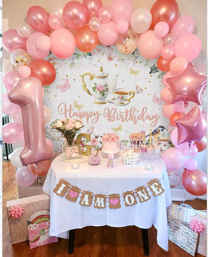 Mocsicka Tea Party Happy Birthday Backdrop Floral Princess Tea Birthday Party Decorations Kids Wonderland Let's Partea Dessert Caketable Banner Photo Booth (10x7ft)