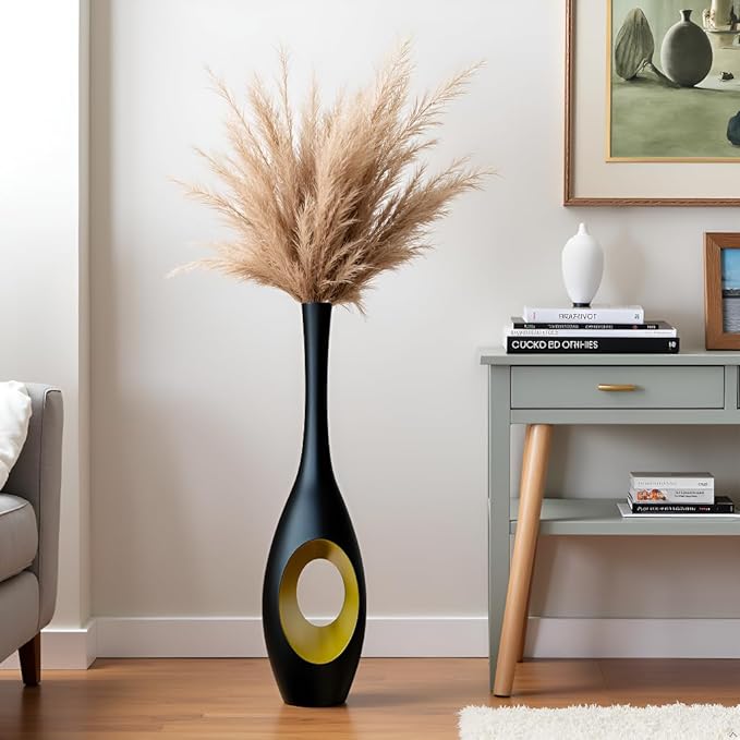 23.6 in Black Floor Vase – Modern Oval Tall Floor Vase with Gold Cutouts & Slim Neck, Decorative Vases for Luxury Home, Office, Wedding Decor – Resin Tall Vases