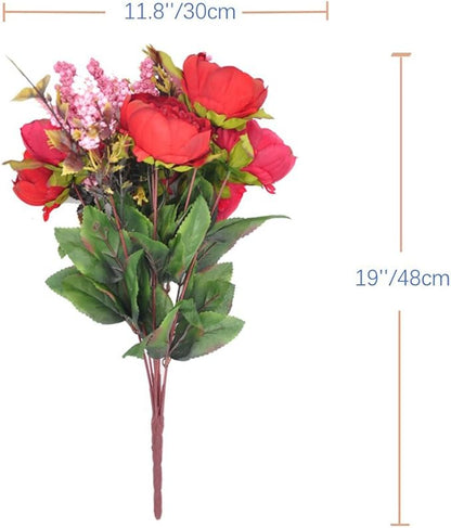 1pcs Artificial Peony Bouquet,19 Inch Silk Peony Bunch with 7 Faux Flowers,Classical Style Artificial Flowers with Leaves and Ornaments for Wedding,Home Décor Centerpieces(Red)
