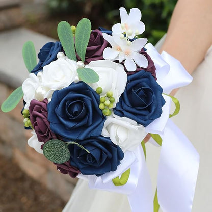 Lightweight Bridal Wedding Bouquet Round Holding Bouquet Throw Toss Artificial Rose Flower Bunch for Bride Bridesmaid Wedding Quinceanera (White, Navy & Dark Puce, 9.1")
