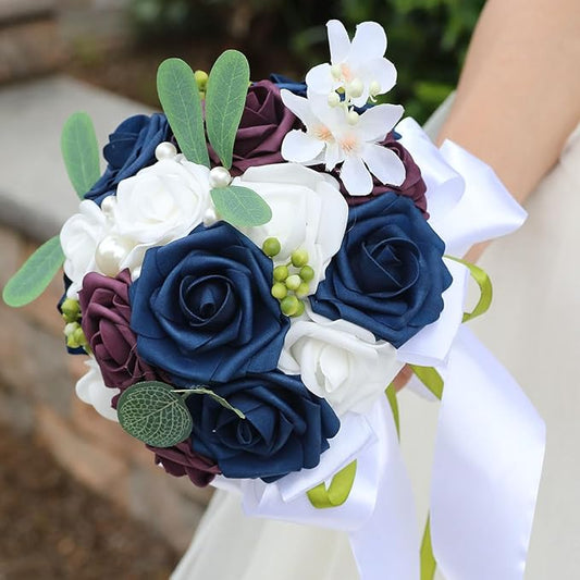 Lightweight Bridal Wedding Bouquet Round Holding Bouquet Throw Toss Artificial Rose Flower Bunch for Bride Bridesmaid Wedding Quinceanera (White, Navy & Dark Puce, 7.9")