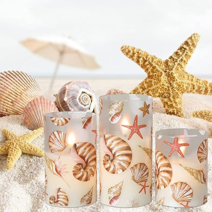 DRomance Seashell Battery Operated Flameless Flickering Candles with Remote Timer 3D Wick Flickering Glass LED Pillar Candles Dinner Christmas Holiday Decor D3 x H4, 5", 6"