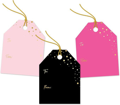 Pro Supply Global 24 Count of 2.5 Inch x 3 Inch Pre Strung Gold Confetti Gift Tag Assorted Printed Designs on Large Cardstock Gift Hang Tags - Ideal to Use on Bags