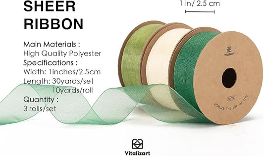 Vitalizart Green & Cream Ribbon Organza Sheer Ribbon 1 inch x 30 Yd Handmade Fabric Ribbons for Gift Wrapping Christmas Tree Crafts Bows Wedding Invitations Wreaths Wrap Sage Emerald