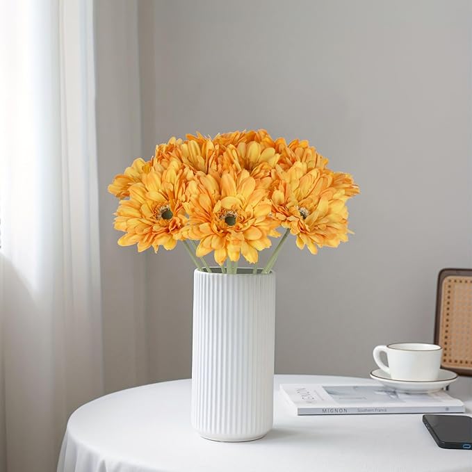 Orange Daisies Artificial Flowers Silk Flowers Gerber Daisy Artificial 10PCS 17.7in Fake Daisies for Wedding Bridal Bouquet Party Home Kitchen Decor(Orange)