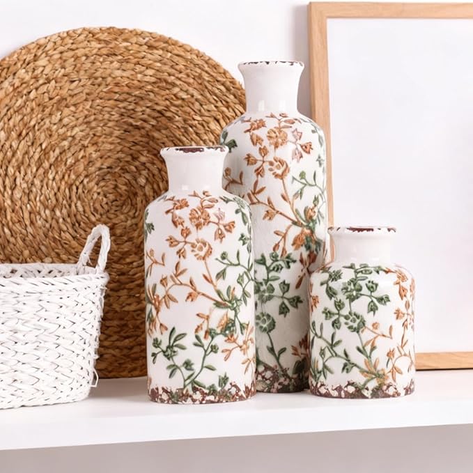 Farmhouse Ceramic Vase Set of 3 – Rustic Floral Pattern Decorative Vases for Home Decor, Vintage Country Style Table Centerpieces for Living Room, Shelf, Mantel & Entryway Decoration