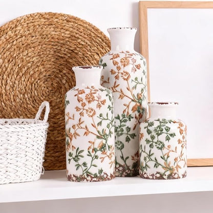 Farmhouse Ceramic Vase Set of 3 – Rustic Floral Pattern Decorative Vases for Home Decor, Vintage Country Style Table Centerpieces for Living Room, Shelf, Mantel & Entryway Decoration