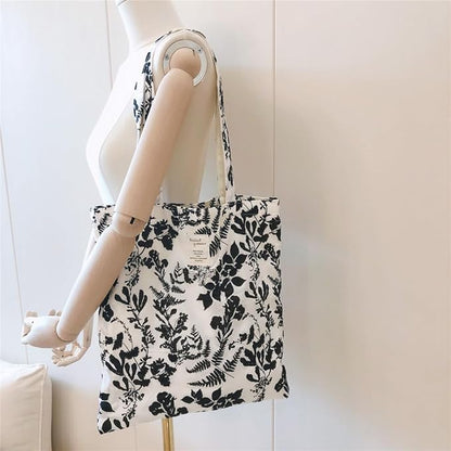 Cotton Canvas Tote Bag Reusable Soft Grocery Cloth Bag Floral Shoulder Bag for Beach Travel Shopping