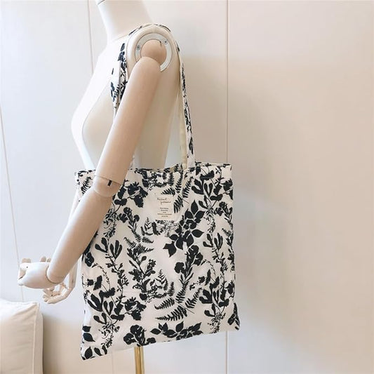 Cotton Canvas Tote Bag Reusable Soft Grocery Cloth Bag Floral Shoulder Bag for Beach Travel Shopping