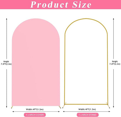 Putros 7.2ft Metal Arch Stand with Cover Pink Spandex Fitted Wedding Arch Cover and Round Top Chiara Backdrop Stand Set for Birthday Party Baby Shower Decoration