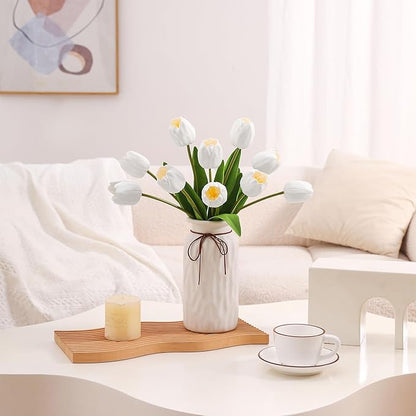 10PCS Artificial 18.5" Long Stem White Tulips Bouquet PU Flowers, Fake 6 Color Tulip Faux Flowers with Bendable Stems for Floral Table Wedding Home Decor