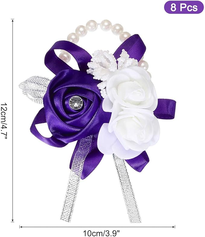 MECCANIXITY 8Pcs Wrist Corsage Artificial Flower Bracelets Rose Wrist Bride Groom Decorative for Wedding Ceremony Prom Party Anniversary Purple