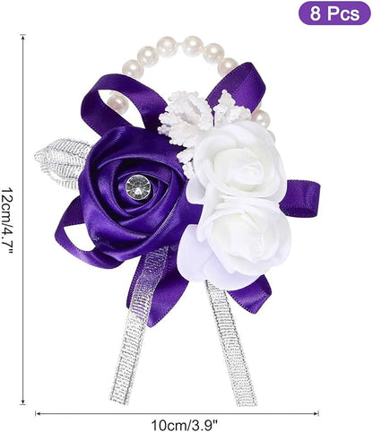 MECCANIXITY 8Pcs Wrist Corsage Artificial Flower Bracelets Rose Wrist Bride Groom Decorative for Wedding Ceremony Prom Party Anniversary Purple