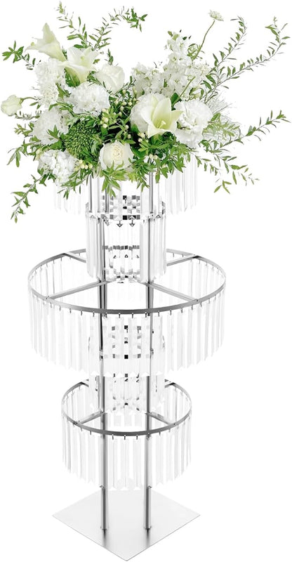 5 Tiers Wedding Centerpieces Vase, 43.3In Silver Acrylic Flower Vase with Hanging Crystals, Square Chandelier Pedestal Stand for Party Table Decoration Lawn Hotel