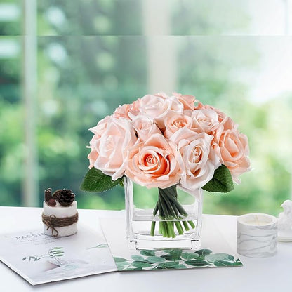 18 Heads Silk Rose Flowers in Vase, Artificial Floral Arrangement in Vase with Fake Water for Home Decor (Pink)