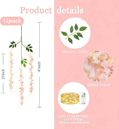 12 Pack Light Pink Wisteria Hanging Flowers Garland with Lights, 3.44 Feet Artificial Flower Vines, Fake Wisteria, Artificial Vines Hanging Garland for Backdrop Outdoor Patio Garden Decor