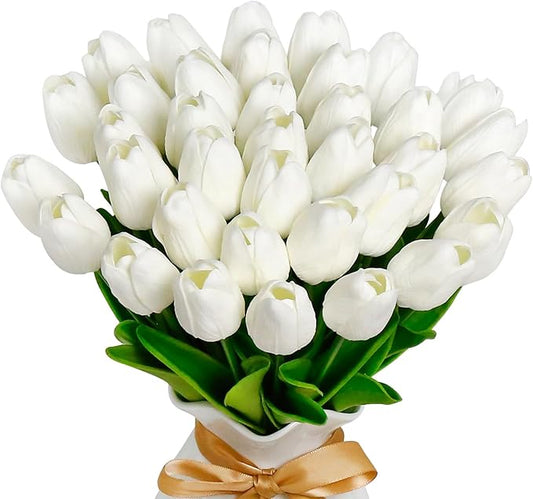 36 PCS White Tulips Artificial Flowers 13" PU Fake Flowers for Wedding Home Decor(White)