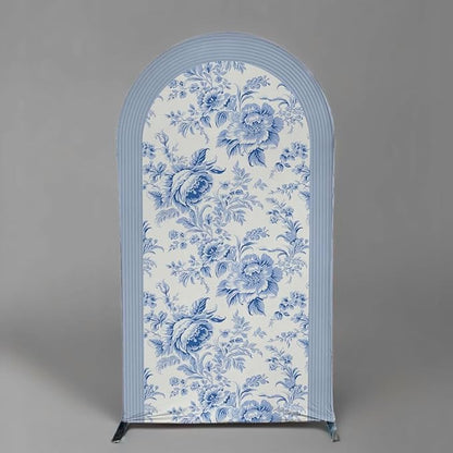 Blue and White Floral Arch Backdrop Cover Vintage Peony Arch Stand Spandex Cover Elegant Toile de Jouy Wedding Baby Shower Birthday Party Decoration French Country Style Background (G4229,6FT)