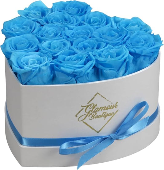 GLAMOUR BOUTIQUE Preserved Roses in a Box - Gifts for Her, Wife & Mom, Rose Flowers Forever Decor for Birthday Gift, Get Well Flower Bouquet Cased in White Box with Cover - Teal - 16-Piece