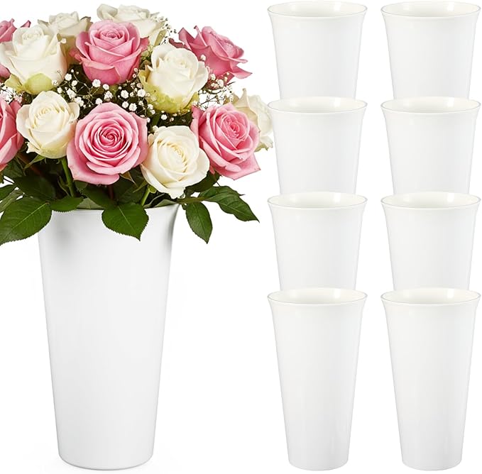 8 Pack Flower Buckets 9.84 Inch Plastic Flower Vases Modern Round Vases for Centerpieces Floral Display Decorative Buckets for Table Home Wedding Decorations (White)