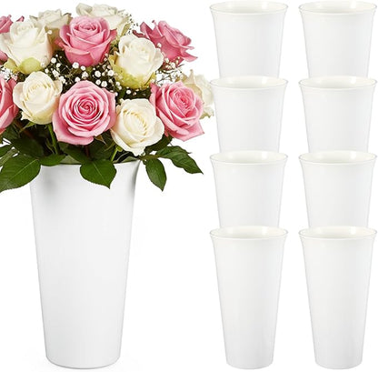 8 Pack Flower Buckets 9.84 Inch Plastic Flower Vases Modern Round Vases for Centerpieces Floral Display Decorative Buckets for Table Home Wedding Decorations (White)