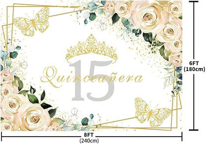 SENDY 8x6ft Quinceañera Backdrop Mis Quince 15 Anos Birthday Party Decorations Supplies for Girl Princess White Floral Gold Crown Butterfly Photography Background Banner Photo Booth Studio Props Vinyl