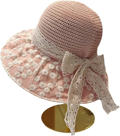 Women's Sun Shade Hat UPF 50+ - Foldable Straw Beach Cap with Lace Bow, Breathable Summer Travel Hat for Women