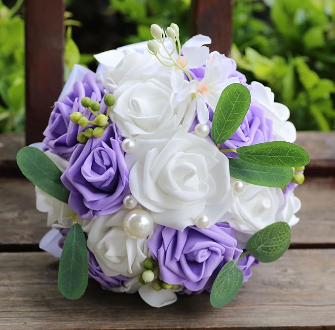 Lightweight Bridal Wedding Bouquet Round Holding Bouquet Throw Toss Artificial Rose Flower Bunch for Bride Bridesmaid Wedding Quinceanera (White & Mid Purple, 7.9")