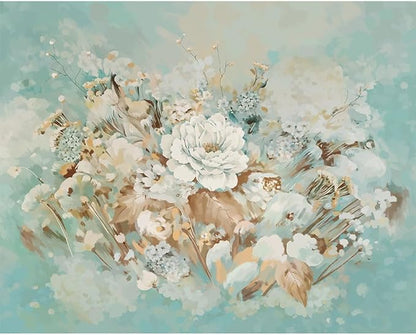 Vintage Floral Wall Mural – Large White Peony Bloom on Blue Background, Removable Peel and Stick Wallpaper for Dining Room, Living Room, or Bedroom Decor