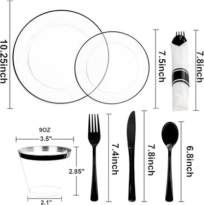 SUT 175 Pcs Black and Clear Plastic Dinnerware Set for 25 Guests, Include: 25 Dinner Plates, 25 Dessert Plates, 25 Pre Rolled Napkins With Silverware, 25 Cups, Disposable Plates for Party
