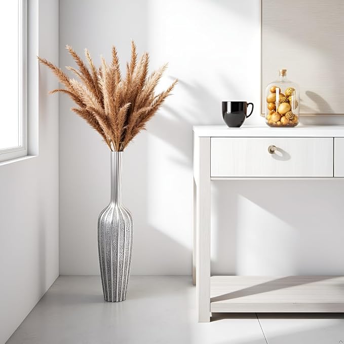 Elegant Silver Floor Vase - 23.62 Inch Tall Decorative Vase for Dried Flowers & Home Décor, Resin Tall Floor Vase, Silver Vases