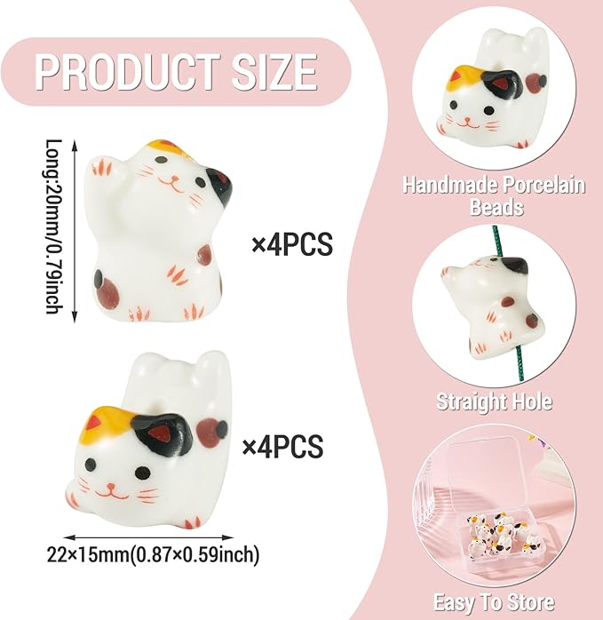 Beadthoven 8Pcs Lucky Cat Porcelain Beads 3D Yellow White Handmade Craft Beads Animal Ceramic Cat Printed Ceramic Spacers with Hole for DIY Necklace Bracelet Keychain Craft Jewelry Making