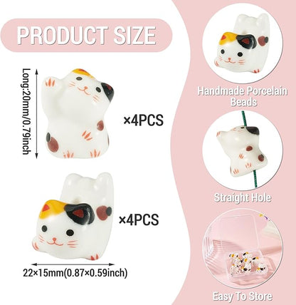 Beadthoven 8Pcs Lucky Cat Porcelain Beads 3D Yellow White Handmade Craft Beads Animal Ceramic Cat Printed Ceramic Spacers with Hole for DIY Necklace Bracelet Keychain Craft Jewelry Making