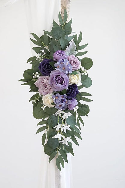 Lilac Artificial Wedding Arch Flowers Kit (Pack of 3) with 26Ft White Shiny Arch Draping Fabric for DIY Wedding Party Ceremony Reception Backdrop Floral Decoration