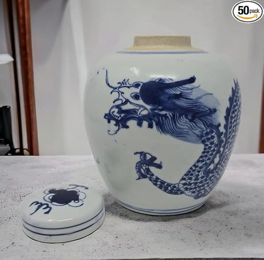 Festcool Retro Antique Like Style Blue and White Porcelain Dragon Ceramic Covered Jar Vase, China Ming Style, Jingdezhen (6.5 inches H)