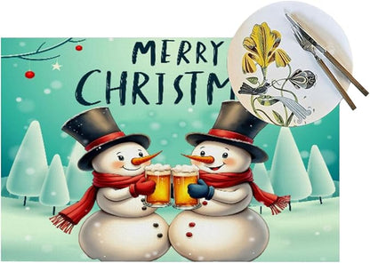 PVC Placemats Set of 1 Wipeable Table Mats Washable Heat Resistant Non Slip Vinyl Dining Table Mat for Kitchen Indoor Outdoor Patio Farmhouse Place Mats Christmas Snowman Beer Decorative