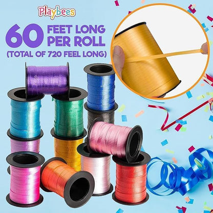 Playbees Curling Ribbon -12-Pack - 60 Foot Rolls - 240 Yards Balloon String Total - Assorted Colors Ribbon for Crafts, Gift Wrapping, Christmas Decorations, String Balloons, Tie Hair & DIY Projects