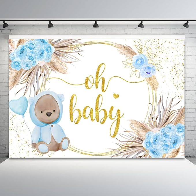 15x8ft Baby Shower Backdrop Oh Baby Photography Background Bear Blue Flowers Boho Leaves Heart Balloon Gold Dots Kid Birthday Party Banner Decorations Newborn Gender Reveal Photo Booth Prop