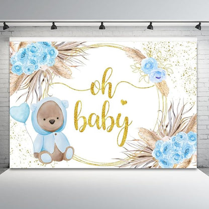 9x6ft Baby Shower Backdrop Oh Baby Photography Background Bear Blue Flowers Boho Leaves Heart Balloon Gold Dots Kid Birthday Party Banner Decorations Newborn Gender Reveal Photo Booth Prop