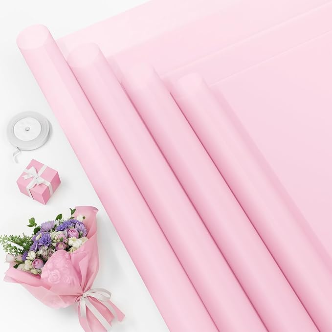 YTDEK Flower Wrapping Paper 20 Sheets Light Pink Floral Bouquet Wrapping Paper with Ribbon for Florist Supplies Birthday Wedding Shower Anniversary Graduation